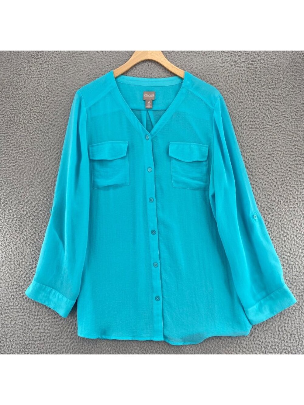 Chicos Shirt Women 2 US Large Blue V Neck Button Up Long Roll Tab Sleeve Pocket